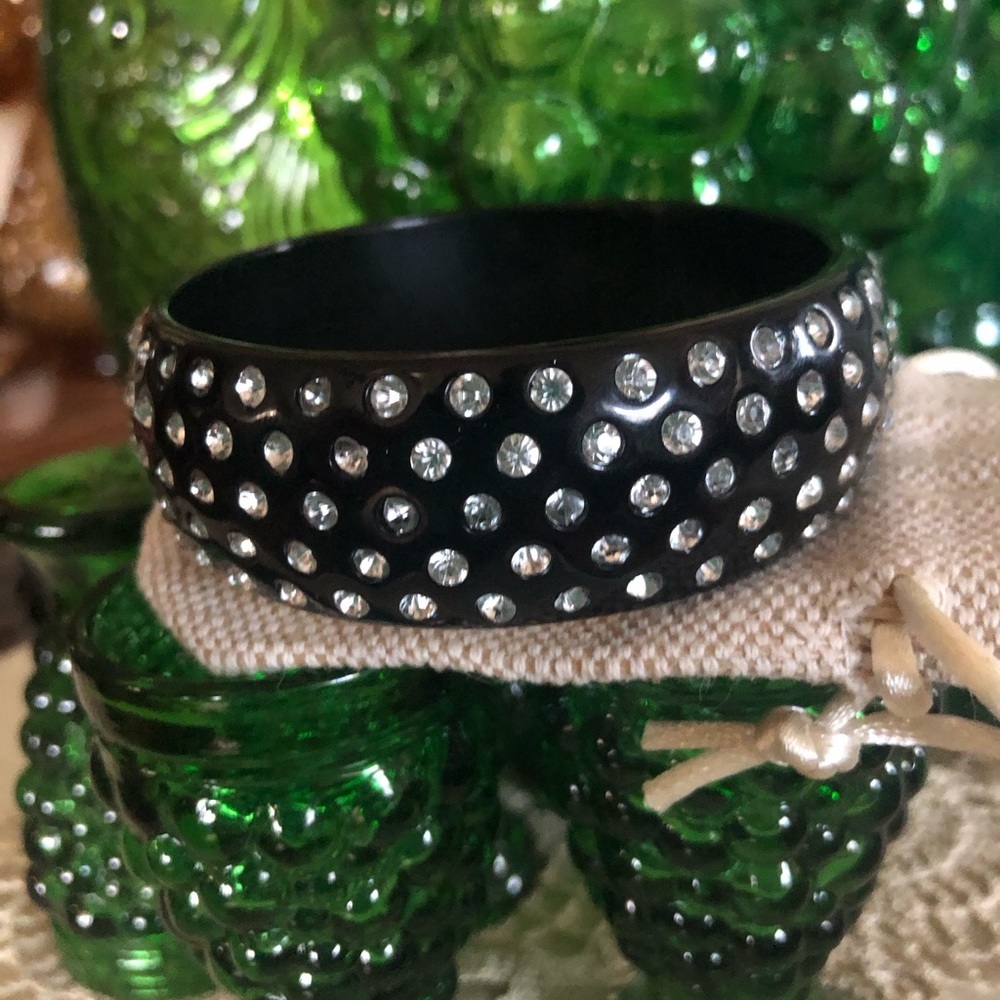 Vintage Wide Black & Rhinestone Bangle Bracelet